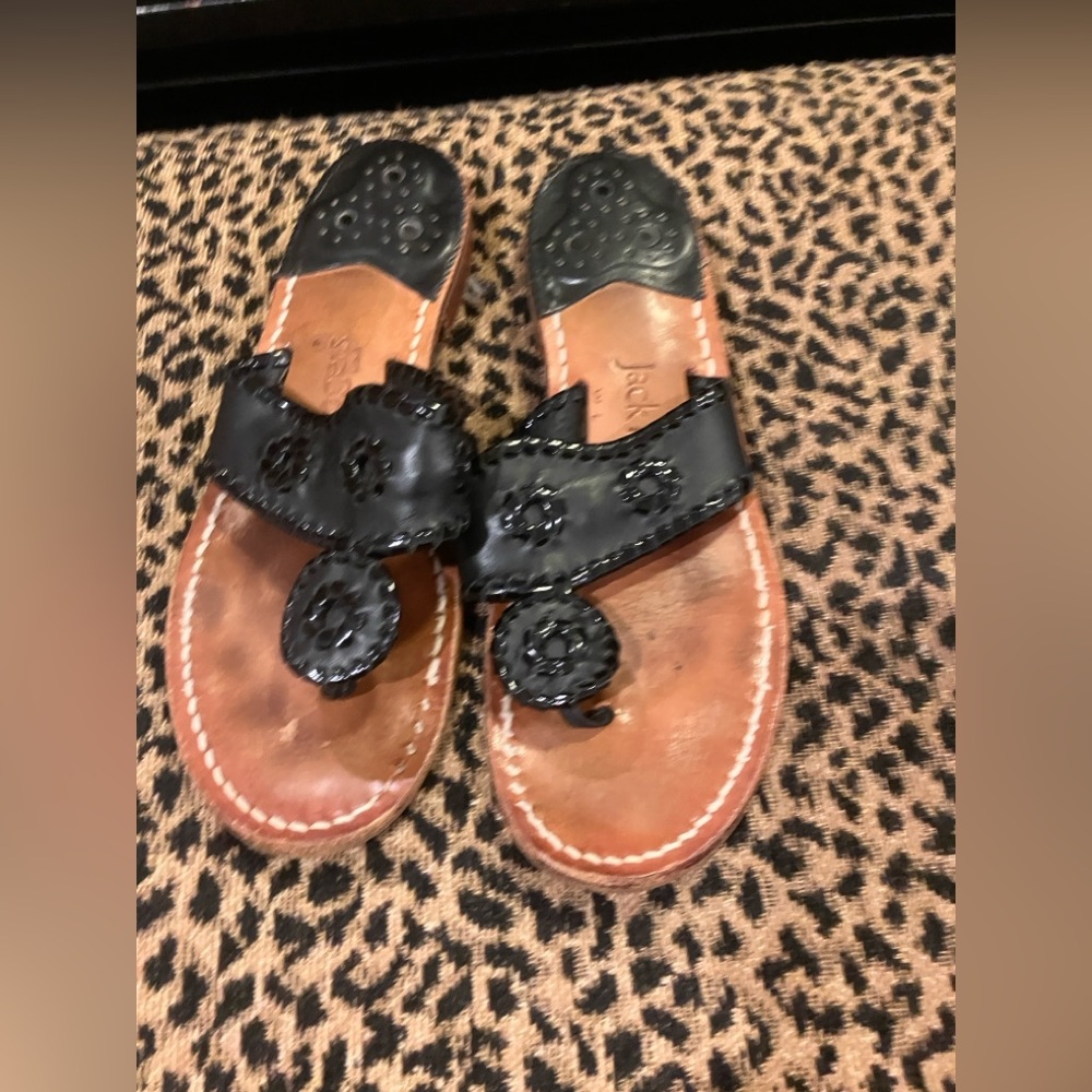 Jack Rodgers Black Leather Sandals with Cutout Design